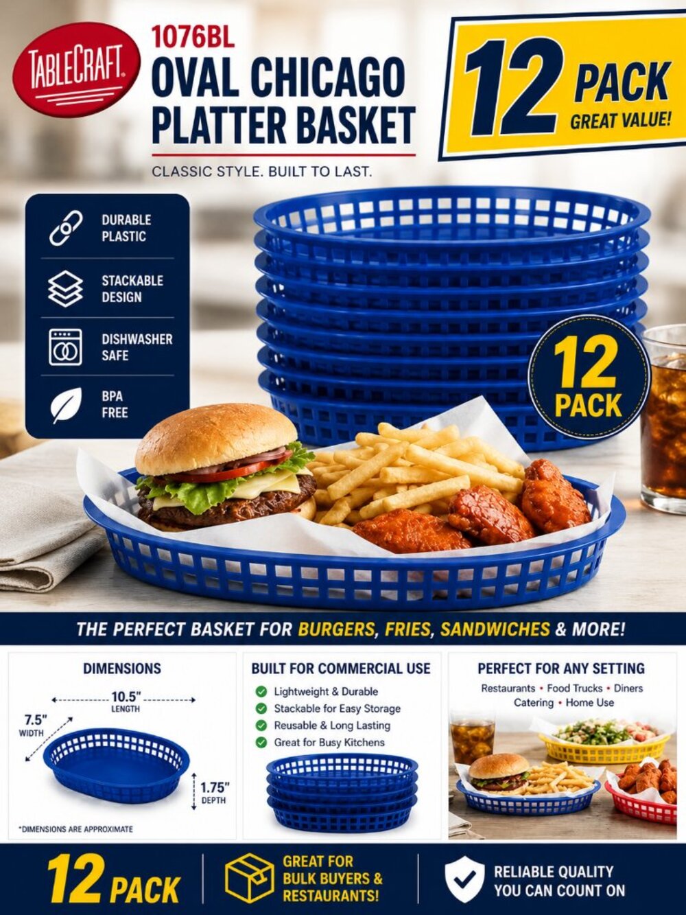 12pk Tablecraft 1076BL Blue Oval Chicago Platter Basket